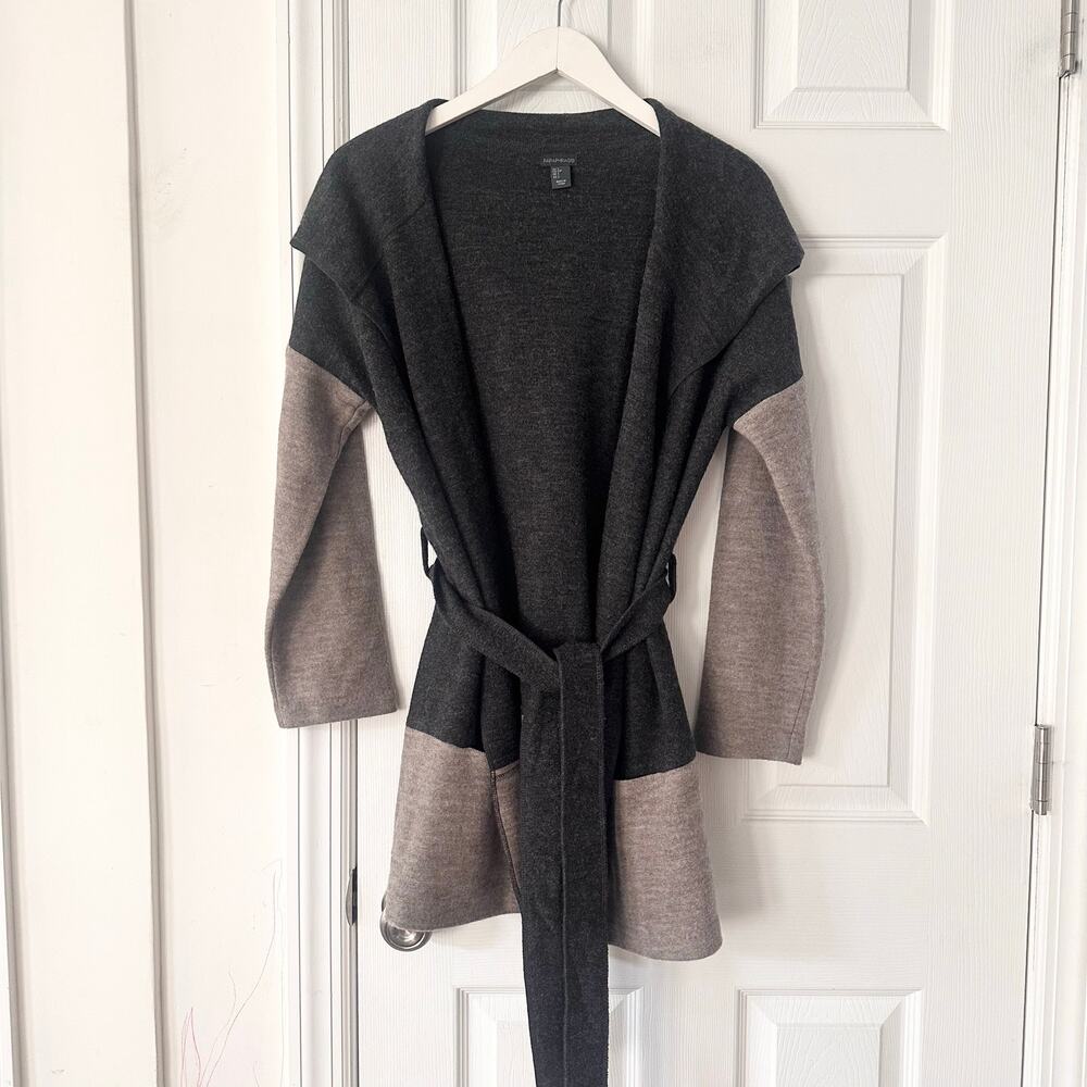Paraphrase Hooded Grey Beige Colorblock Hooded Belted Wrap Cardigan Small